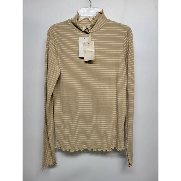 Hem & thread Beige Striped Mock Neck Lettuce Edge Top Small - Picture 1 of 6